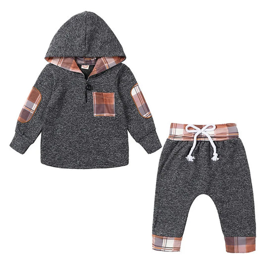 Conjunto Bebé Primavera – Hoodie com Capuz + Calças Xadrez (0–24M)