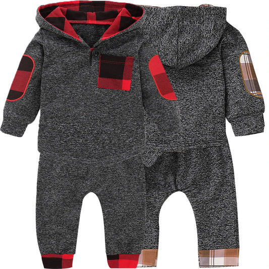 Conjunto Bebé Primavera – Hoodie com Capuz + Calças Xadrez (0–24M)